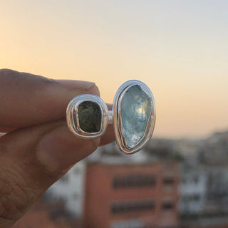 Authentic Czech Republic Moldavite Rough and Aquamarine Gemstone 925 Solid Sterling Silver Handmade Ring Jewelry