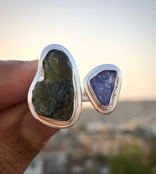 Authentic Czech Republic Moldavite Rough and Tanzanite Rough Gemstone 925 Solid Sterling Silver Handmade Ring Jewelry