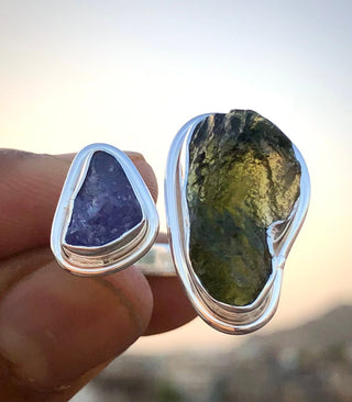 Authentic Czech Republic Moldavite Rough and Tanzanite Rough Gemstone 925 Solid Sterling Silver Handmade Ring Jewelry