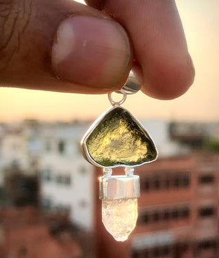 Moldavite herkimer pendant, genuine gemstone pendant, sterling silver handmade pendant, 100% genuine with certified gemstone