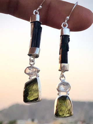 Natural Moldavite Rough & Herkimer Diamond Black Tourmaline Earrings Gemstone From Czech Republic 925 Solid Sterling Silver Handmade Jewelry