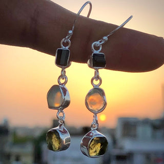 Natural Moldavite Rough & Black Tourmaline, Opal Earrings Gemstone From Czech Republic 925 Solid Sterling Silver Handmade Designer Jewelry