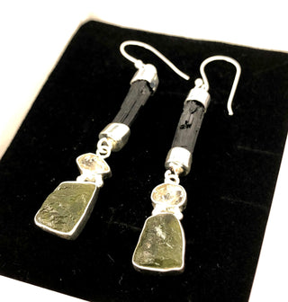 Natural Moldavite Rough & Herkimer Diamond Black Tourmaline Earrings Gemstone From Czech Republic 925 Solid Sterling Silver Handmade Jewelry