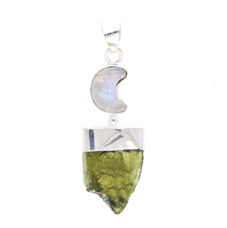 Moldavite Rough Pendant, Silver Handmade Pendant, Moon Shape Moonstone Jewelry, 100% Authentic With Certified Gemstone