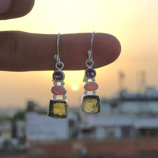 Czech Moldavite, Pink Opal & Amethyst Gemstone Earring, 925 Sterling Silver Handmade Earring, Drop Dangle Earring, Gifts For Her
