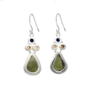 Natural Moldavite Rough & Blue Sapphire, Opal  Earrings Gemstone From Czech Republic 925 Solid Sterling Silver Handmade Designer Jewelry