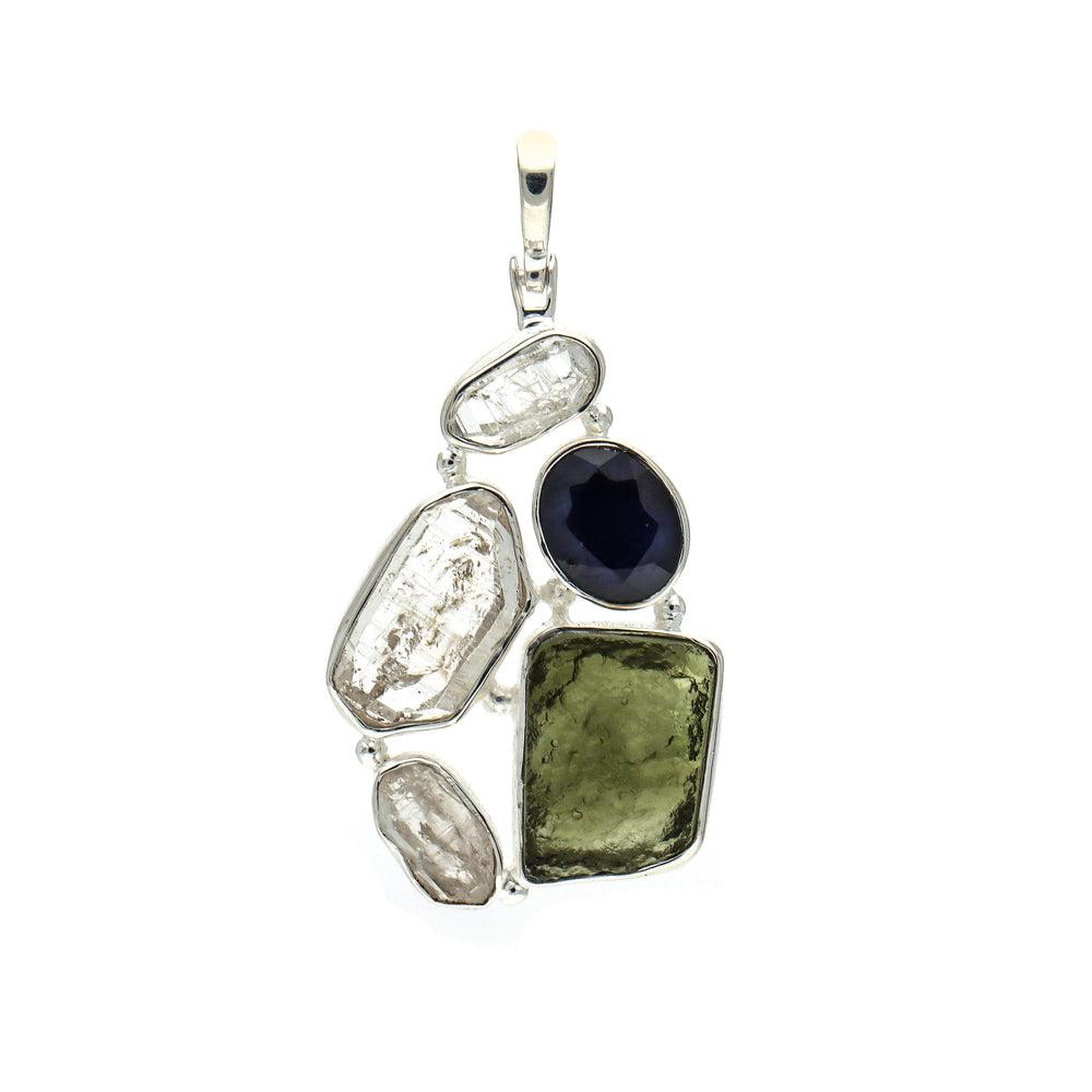 Moldavite, herkimer and Blue Sapphire pendant, genuine gemstone pendant, sterling silver handmade pendant, 100% genuine gemstone