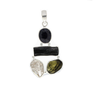 Moldavite Pendant, Black Tourmaline, Blue Sapphire, Herkimer Diamond Pendant, Sterling Silver Pendant, Handmade Pendant, Natural Moldavite