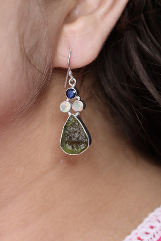 Natural Moldavite Rough & Blue Sapphire, Opal  Earrings Gemstone From Czech Republic 925 Solid Sterling Silver Handmade Designer Jewelry