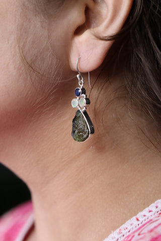 Natural Moldavite Rough & Blue Sapphire, Opal  Earrings Gemstone From Czech Republic 925 Solid Sterling Silver Handmade Designer Jewelry