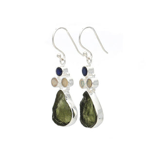 Natural Moldavite Rough & Blue Sapphire, Opal  Earrings Gemstone From Czech Republic 925 Solid Sterling Silver Handmade Designer Jewelry