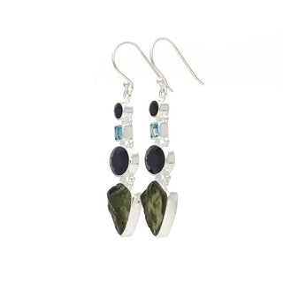 Natural Moldavite Rough & Blue Sapphire, Blue Topaz Earring Gemstone From Czech Republic 925 Solid Sterling Silver Handmade Designer Jewelry
