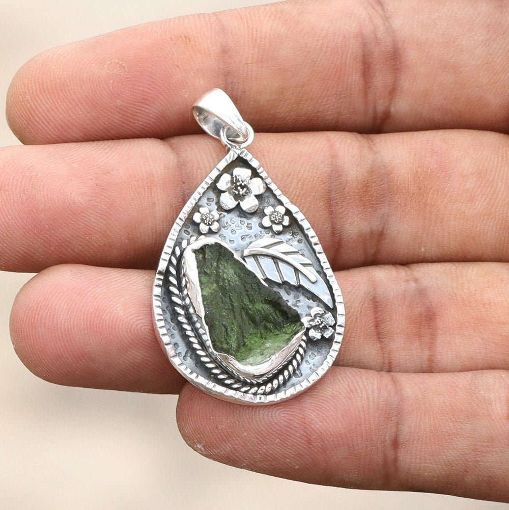 Genuine Moldavite Rough Pendant 100% Natural With Certified Gemstone From Czech Republic 925 Sterling Silver Handmade Designer Jewelry