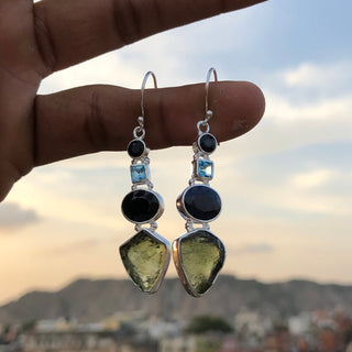 Natural Moldavite Rough & Blue Sapphire, Blue Topaz Earring Gemstone From Czech Republic 925 Solid Sterling Silver Handmade Designer Jewelry