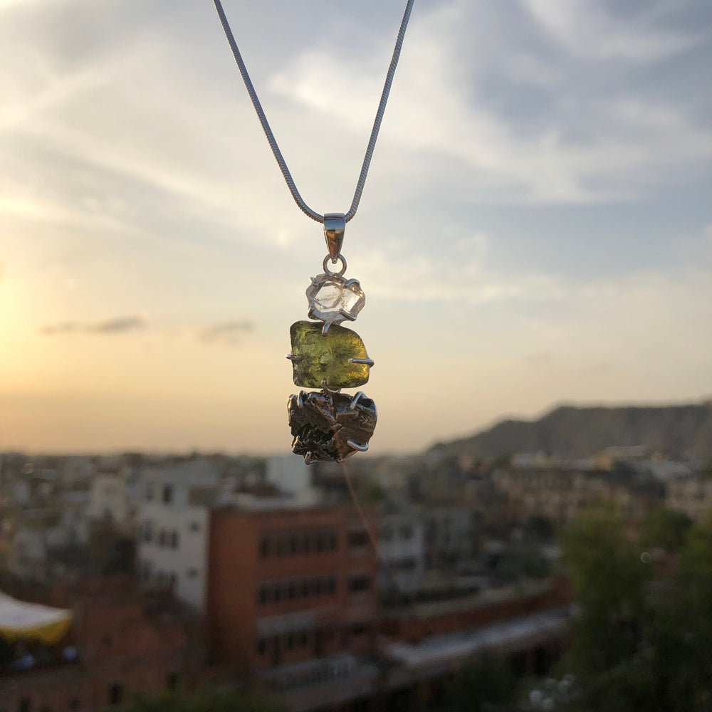 Moldavite, herkimer and Meteorite Campo Del Cielo pendant, genuine gemstone pendant, sterling silver handmade pendant, 100% genuine gemstone