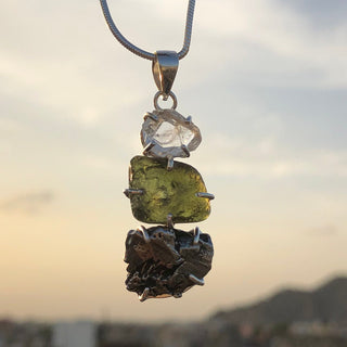 Moldavite, herkimer and Meteorite Campo Del Cielo pendant, genuine gemstone pendant, sterling silver handmade pendant, 100% genuine gemstone