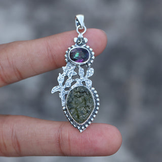 Moldavite Mystic Topaz pendant, genuine gemstone pendant, sterling silver handmade pendant, 100% genuine with certified gemstone
