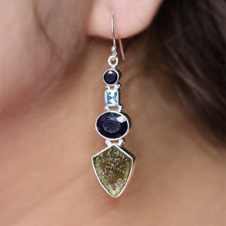 Natural Moldavite Rough & Blue Sapphire, Blue Topaz Earring Gemstone From Czech Republic 925 Solid Sterling Silver Handmade Designer Jewelry