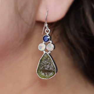 Natural Moldavite Rough & Blue Sapphire, Opal  Earrings Gemstone From Czech Republic 925 Solid Sterling Silver Handmade Designer Jewelry