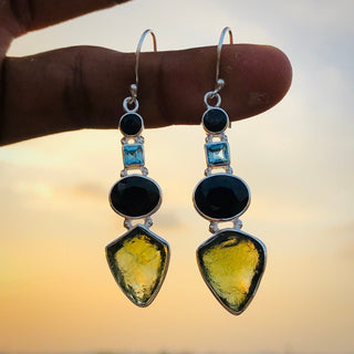 Natural Moldavite Rough & Blue Sapphire, Blue Topaz Earring Gemstone From Czech Republic 925 Solid Sterling Silver Handmade Designer Jewelry