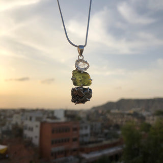 Moldavite, herkimer and Meteorite Campo Del Cielo pendant, genuine gemstone pendant, sterling silver handmade pendant, 100% genuine gemstone