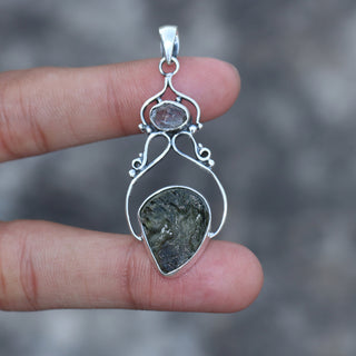 Moldavite herkimer pendant, genuine gemstone pendant, sterling silver handmade pendant, 100% genuine with certified gemstone