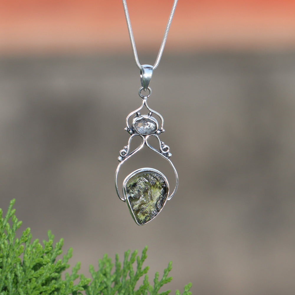 Moldavite herkimer pendant, genuine gemstone pendant, sterling silver handmade pendant, 100% genuine with certified gemstone
