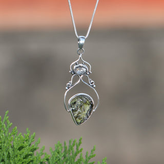 Moldavite herkimer pendant, genuine gemstone pendant, sterling silver handmade pendant, 100% genuine with certified gemstone