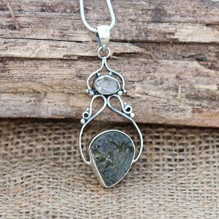 Moldavite herkimer pendant, genuine gemstone pendant, sterling silver handmade pendant, 100% genuine with certified gemstone