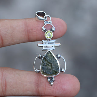 Moldavite Peridot pendant, genuine gemstone pendant, sterling silver handmade pendant, 100% genuine with certified gemstone
