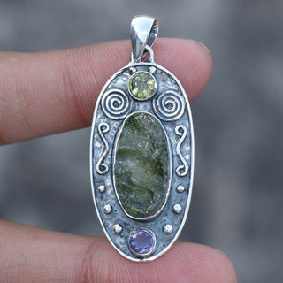 Moldavite Peridot Amethyst pendant, genuine gemstone pendant, sterling silver handmade pendant, 100% genuine with certified gemstone