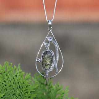 Moldavite Amethyst pendant, genuine gemstone pendant, sterling silver handmade pendant, 100% genuine with certified gemstone