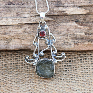 Moldavite Garnet pendant, genuine gemstone pendant, sterling silver handmade pendant, 100% genuine with certified gemstone