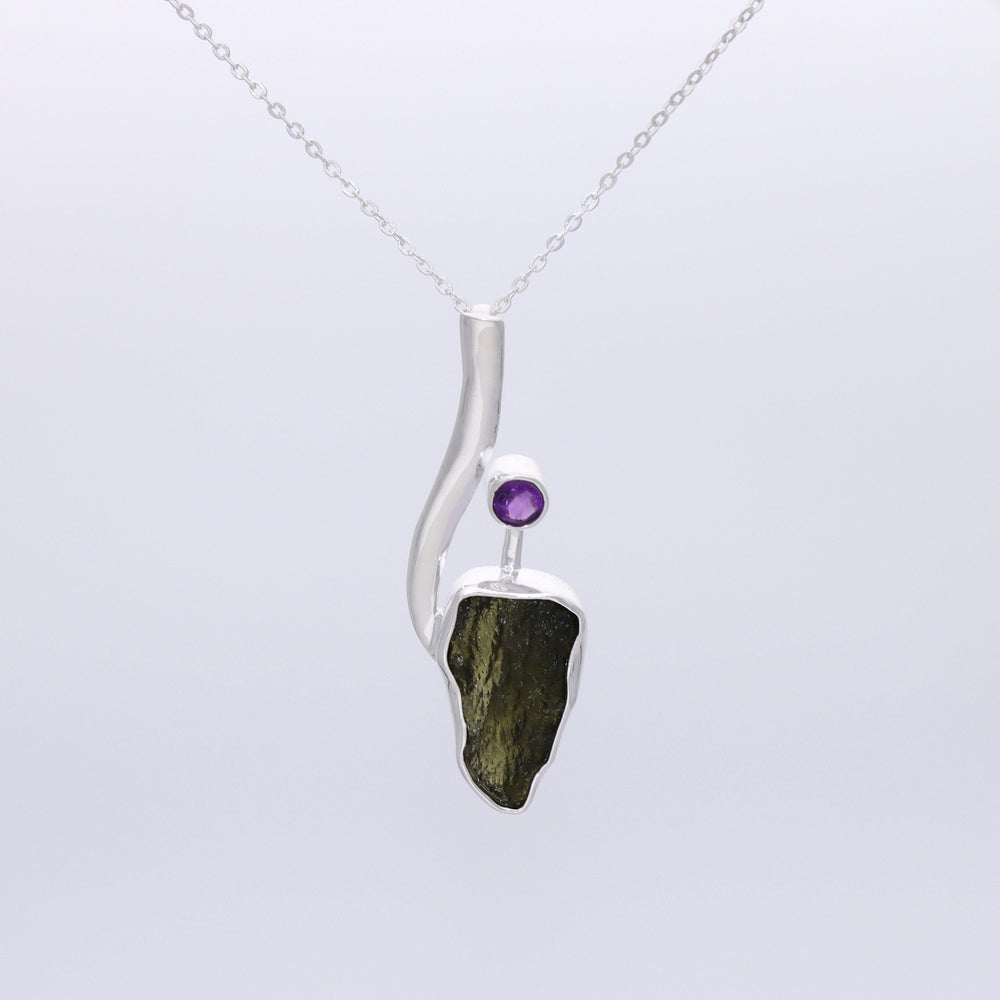 Genuine Moldavite Rough With Amethyst Pendant 100% Natural With Certified Gemstone From Czech Republic 925 Sterling Silver Handmade Jewelry