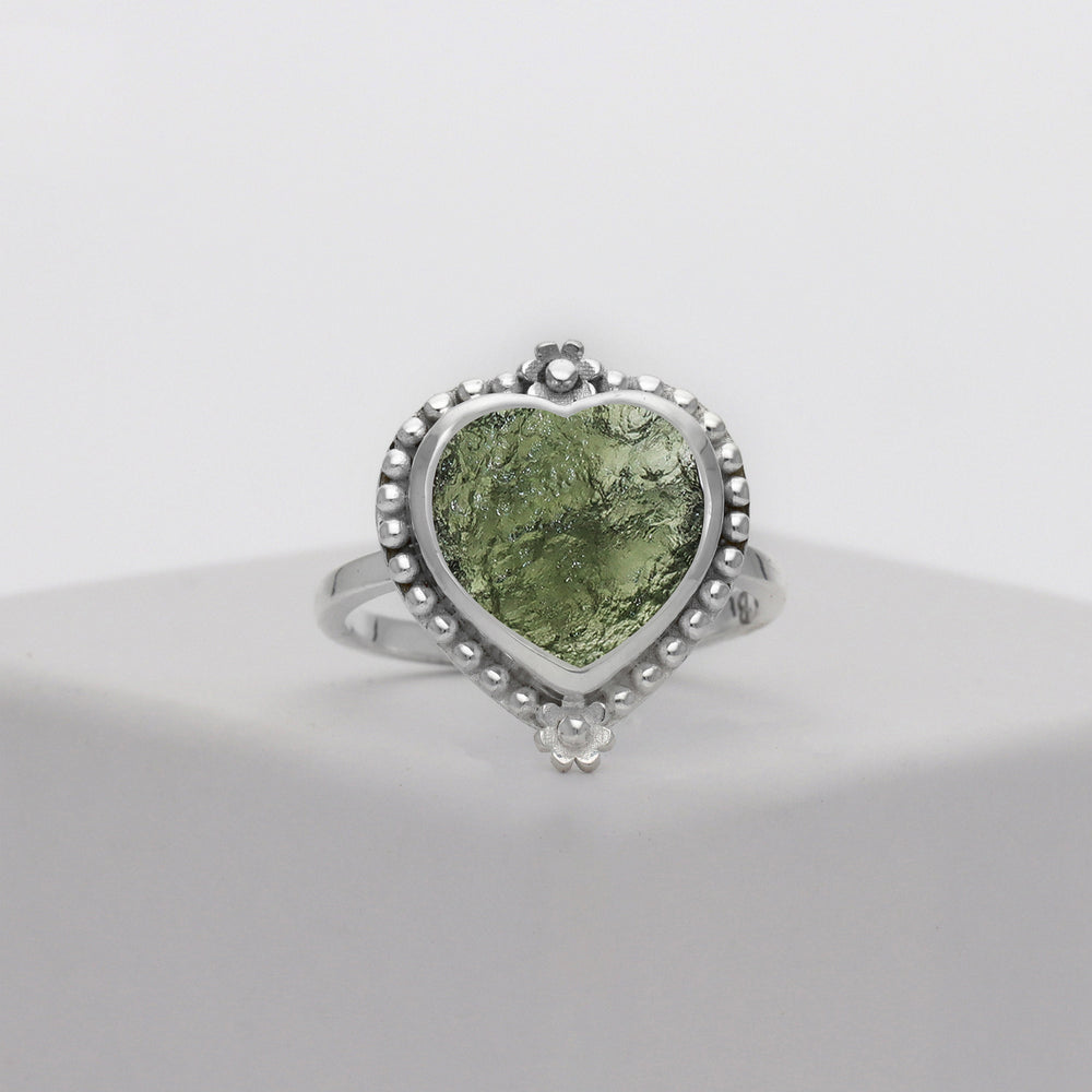 Authentic Czech Republic Moldavite Rough Heart Shaped Gemstone 925 Solid Sterling Silver Handmade Ring Jewelry