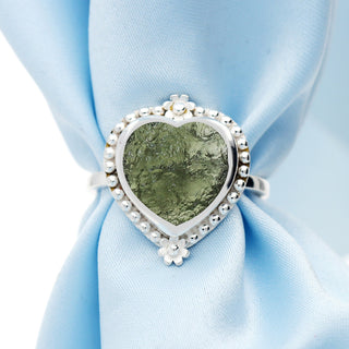 Authentic Czech Republic Moldavite Rough Heart Shaped Gemstone 925 Solid Sterling Silver Handmade Ring Jewelry