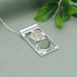Raw Moldavite Pendant, 925 Sterling Silver, Herkimer Diamond Jewelry, Natural Gemstone Jewelry, Jewelry For Gift, Handmade Jewelry For Women