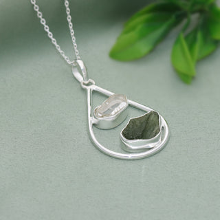 Raw Moldavite Pendant, Herkimer Diamond Jewelry, Natural Gemstone Jewelry, 925 Sterling Silver, Jewelry For Gift, Handmade Jewelry For Women