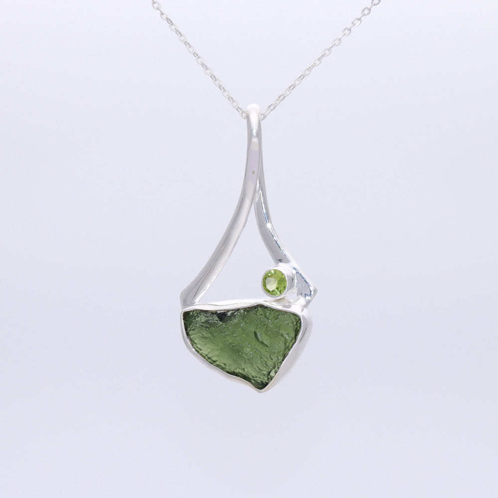 Genuine Moldavite Rough With Peridot Pendant 100% Natural With Certified Gemstone From Czech Republic 925 Sterling Silver Handmade Jewelry
