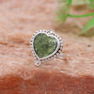 Authentic Czech Republic Moldavite Rough Heart Shaped Gemstone 925 Solid Sterling Silver Handmade Ring Jewelry