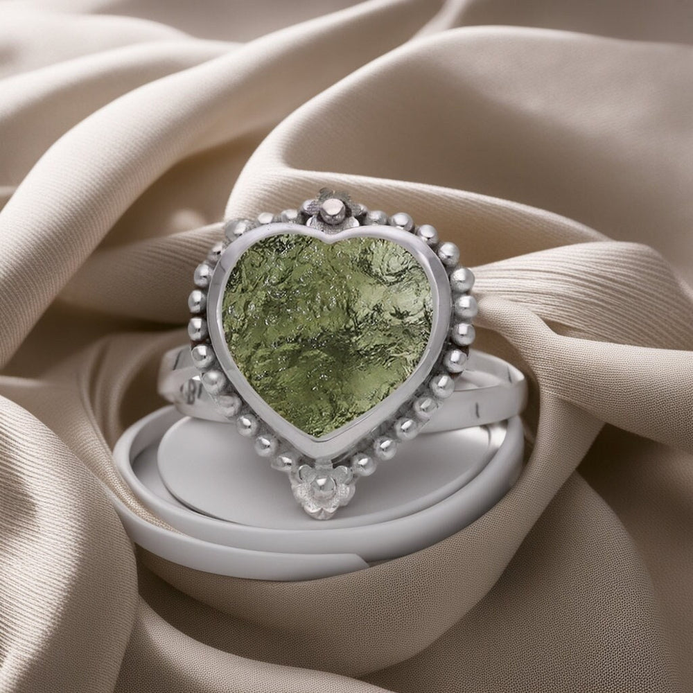 Authentic Czech Republic Moldavite Rough Heart Shaped Gemstone 925 Solid Sterling Silver Handmade Ring Jewelry
