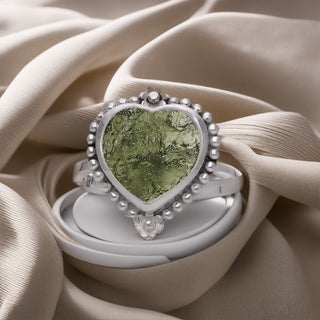 Authentic Czech Republic Moldavite Rough Heart Shaped Gemstone 925 Solid Sterling Silver Handmade Ring Jewelry