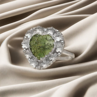 Authentic Czech Republic Moldavite Rough Heart Shaped Gemstone 925 Solid Sterling Silver Handmade Ring Jewelry