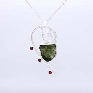 Raw Moldavite Pendant, 925 Sterling Silver, Handmade Silver Jewelry, Garnet Pendant, Moldavite From Czech Republic, Christmas Gift For Mom
