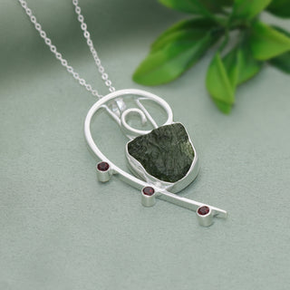 Raw Moldavite Pendant, 925 Sterling Silver, Handmade Silver Jewelry, Garnet Pendant, Moldavite From Czech Republic, Christmas Gift For Mom