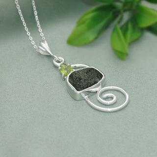 Natural Moldavite Pendant, 925 Sterling Silver, Raw Gemstone Jewelry, Czech Moldavite with Peridot, Handmade Jewelry Gift, Jewelry For Mom
