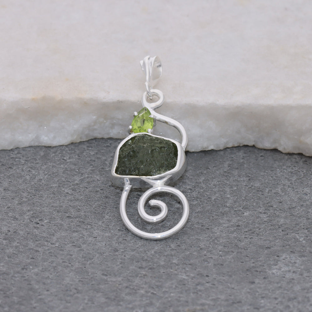 Natural Moldavite Pendant, 925 Sterling Silver, Raw Gemstone Jewelry, Czech Moldavite with Peridot, Handmade Jewelry Gift, Jewelry For Mom