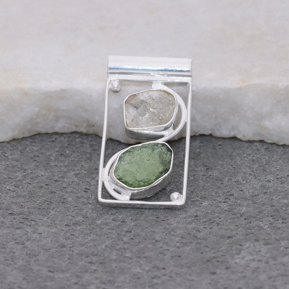 Raw Moldavite Pendant, 925 Sterling Silver, Herkimer Diamond Jewelry, Natural Gemstone Jewelry, Jewelry For Gift, Handmade Jewelry For Women