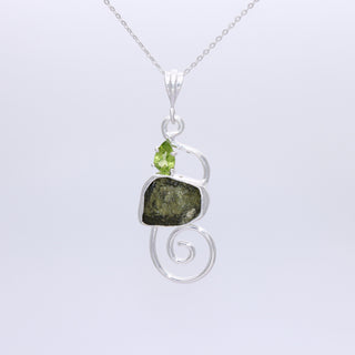 Natural Moldavite Pendant, 925 Sterling Silver, Raw Gemstone Jewelry, Czech Moldavite with Peridot, Handmade Jewelry Gift, Jewelry For Mom