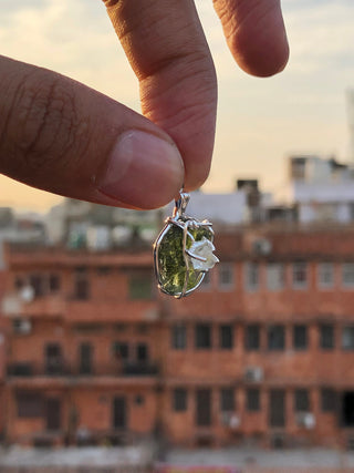 Genuine Moldavite Rough Herkimer Diamond Pendant Natural Gemstone From Czech Republic 925 Sterling Silver Handmade Designer Jewelry